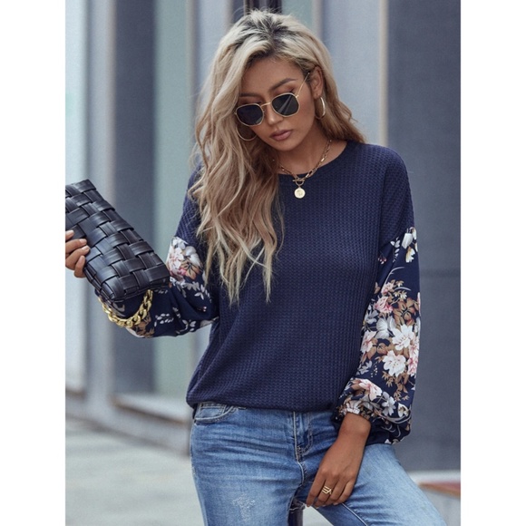 Navy Blue Floral Sleeves Casual Shirt Lantern Long Sleeves - Picture 6 of 8
